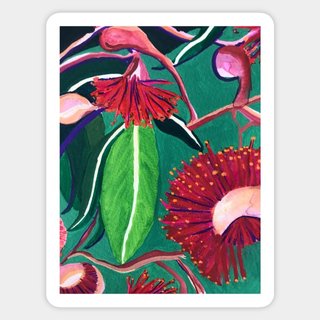 Native Australian Gum Flowers and Leaves Design in Red and Green by Leah Gay Sticker by leahgay